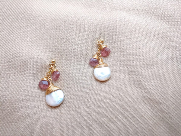 Pearl and strawberry quartz cluster earrings