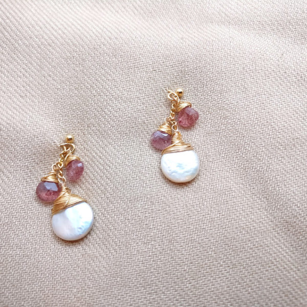 Pearl and strawberry quartz cluster earrings