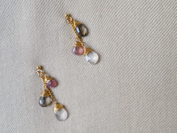 Rose quartz, strawberry quartz and smoky quartz Cluster earrings