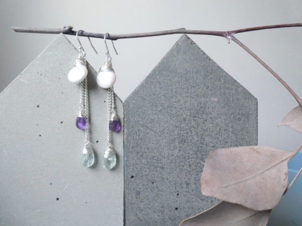 Detachable drop earrings in aquamarine, amethyst and coin pearls on sterling silver