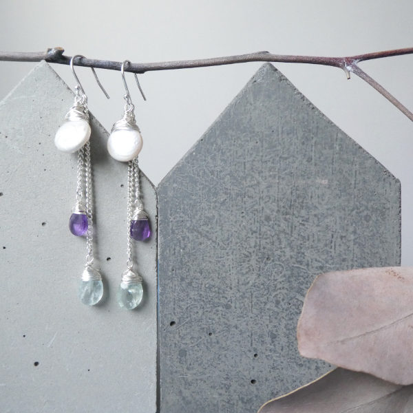 Detachable drop earrings in aquamarine, amethyst and coin pearls on sterling silver