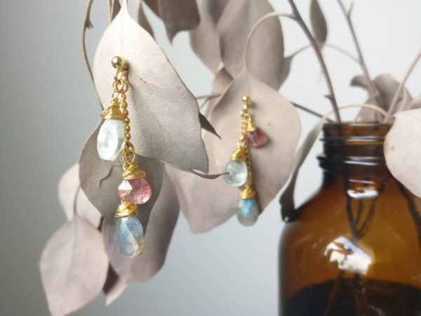 Cluster earrings in labradorite, aquamarine and strawberry quartz