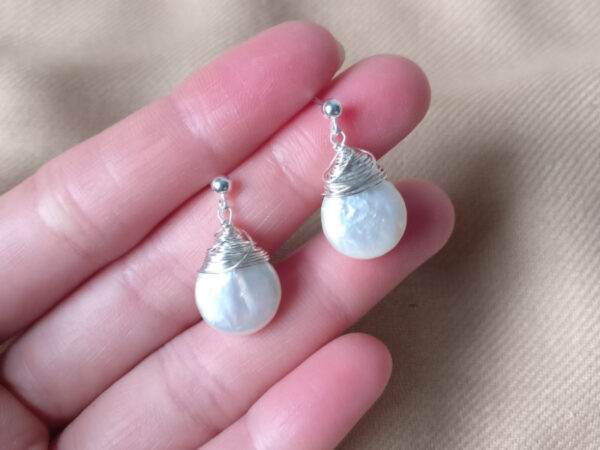 white pearls on sterling silver wire and studs